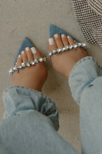 Load image into Gallery viewer, light blue denim  sole single strap heel with rhinestones on strap. 

