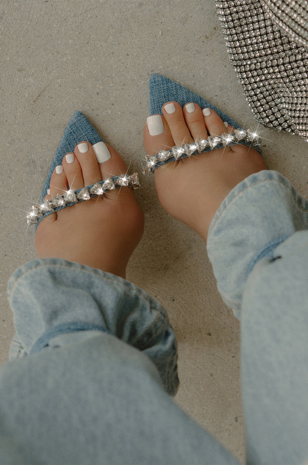 Load image into Gallery viewer, light blue denim  sole single strap heel with rhinestones on strap. 
