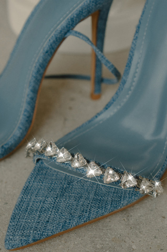 Load image into Gallery viewer, Monroe Embellished Lace Up High Heels - Denim
