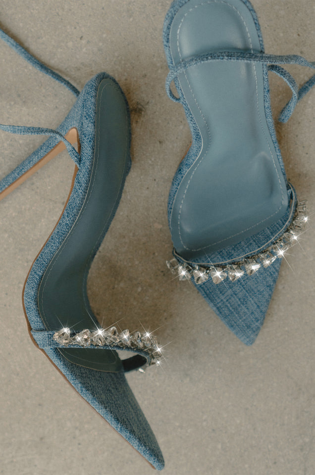 Load image into Gallery viewer, Monroe Embellished Lace Up High Heels - Denim
