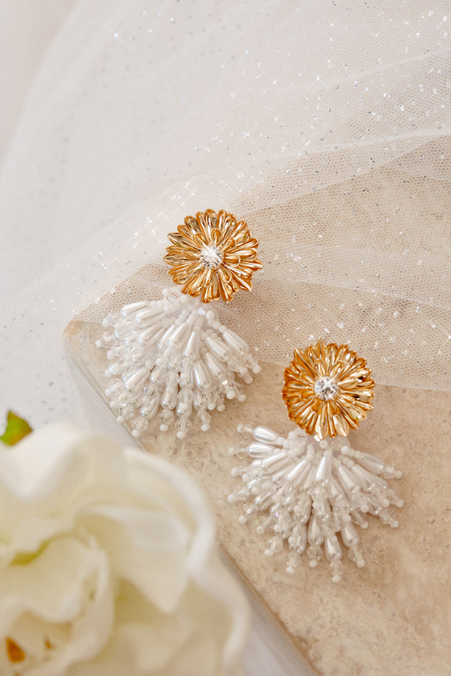 Load image into Gallery viewer, Gold Tone Embellished Faux Pearl Earring 
