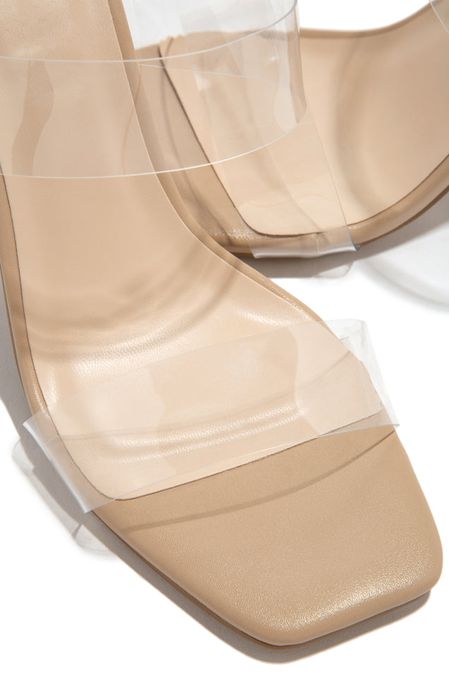 Load image into Gallery viewer, Nude Heel Mules With Two Clear Straps and Clear Heel
