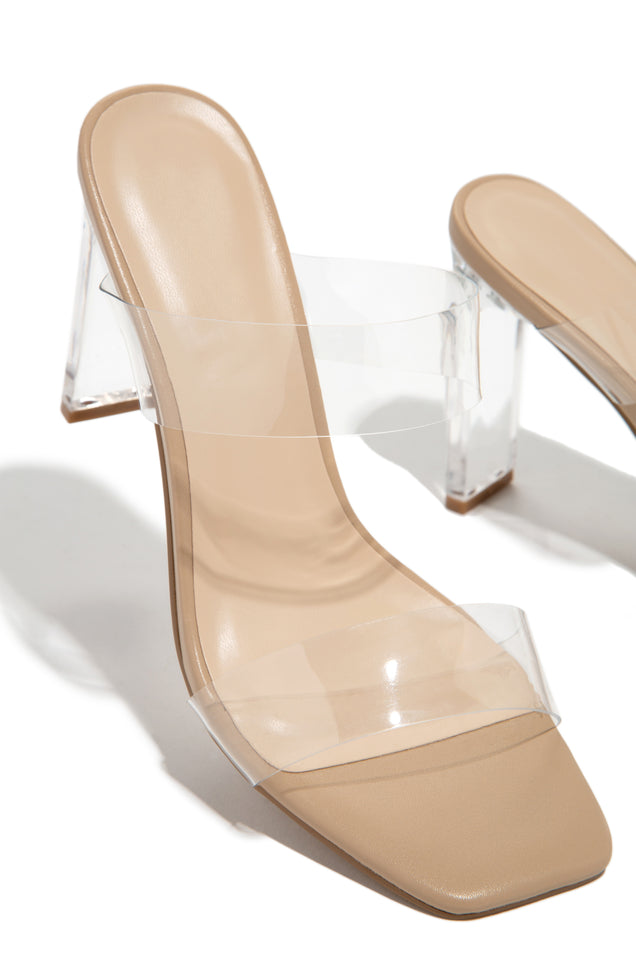 Load image into Gallery viewer, Nude Heel Mules With Two Clear Straps
