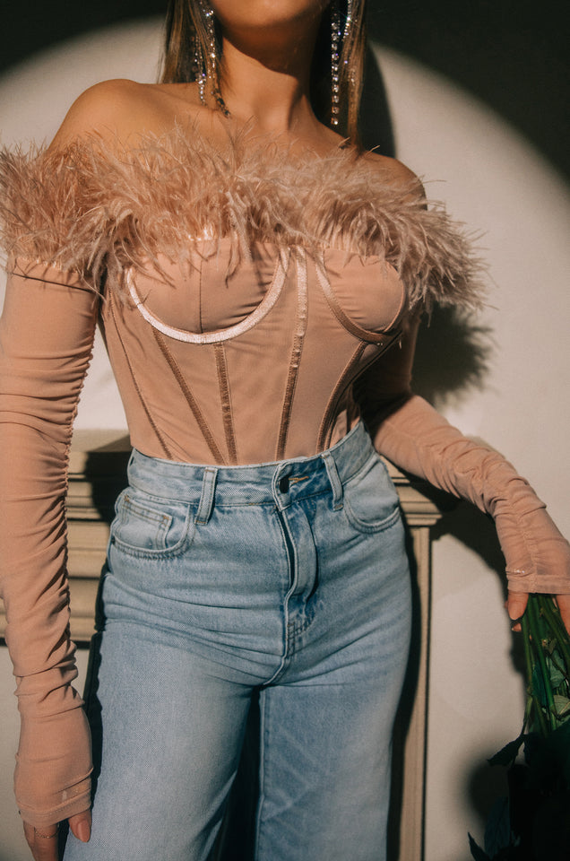 Load image into Gallery viewer, Nude Faux Fur Bodysuit Top

