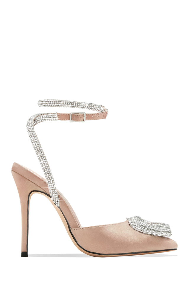 Load image into Gallery viewer, Nude Satin Heel Pumps with Embellished Heart Pendant
