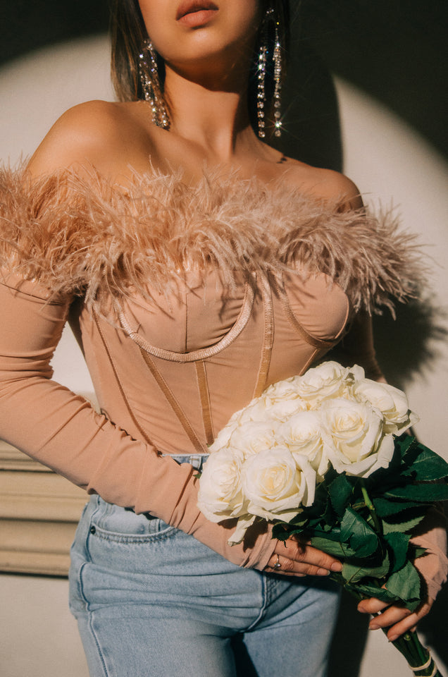 Load image into Gallery viewer, Nude Corset Off The Shoulder Faux Fur Top
