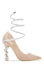 Load image into Gallery viewer, Nude Satin Embellished Coil Pump Heel
