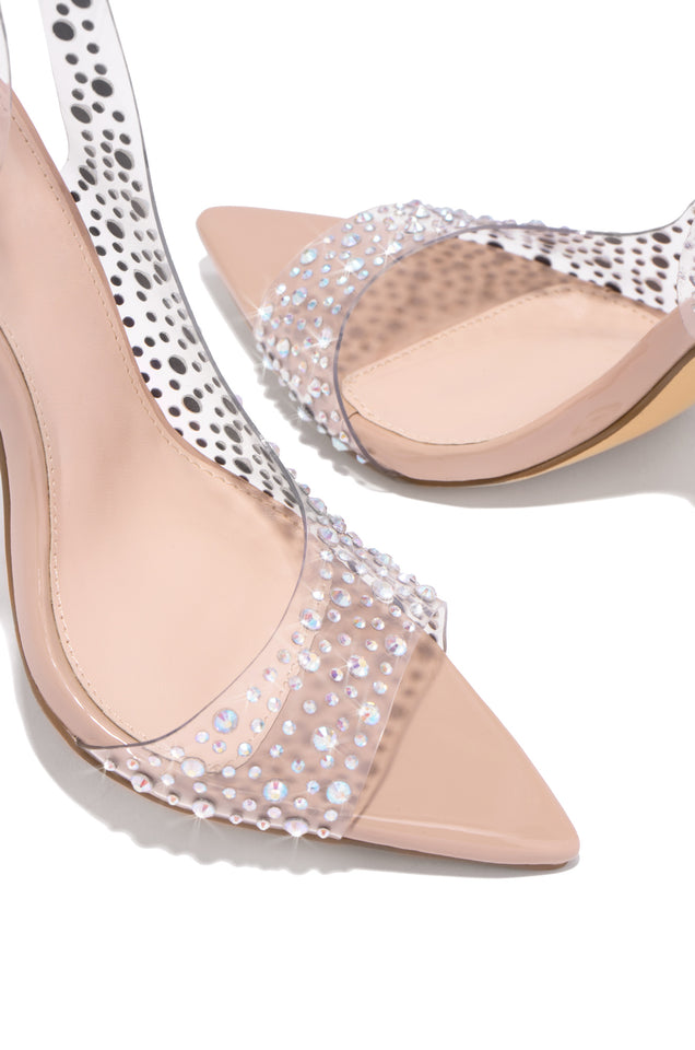 Load image into Gallery viewer, Nude Heels with Iridescent Stone Embellishments

