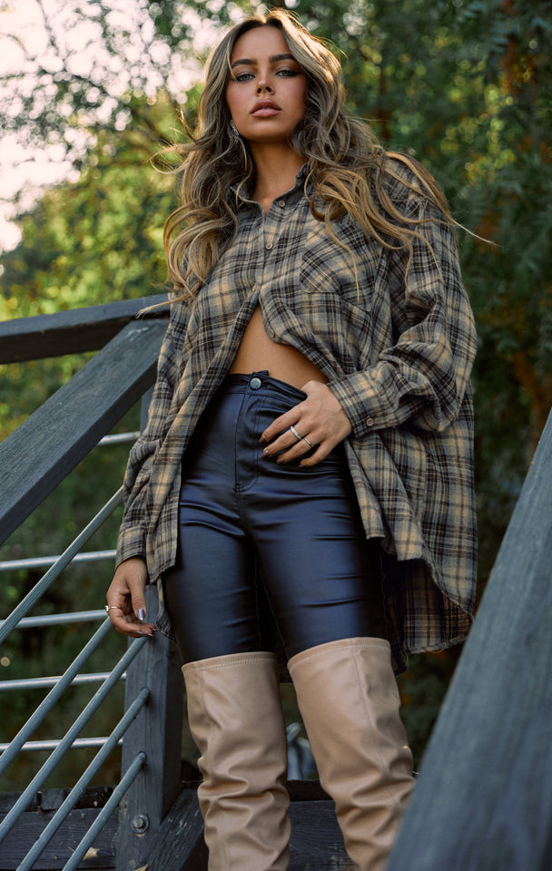 Load image into Gallery viewer, Blue and Nude oversized Flannel Styled with Nude PU Boots
