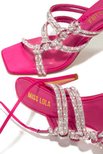 Load image into Gallery viewer, Pink Faux Satin Open Toe Lace Up Heels
