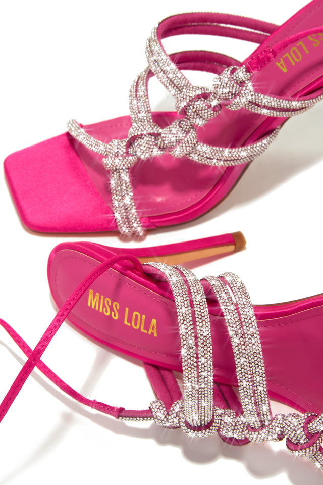 Load image into Gallery viewer, Pink Faux Satin Open Toe Lace Up Heels
