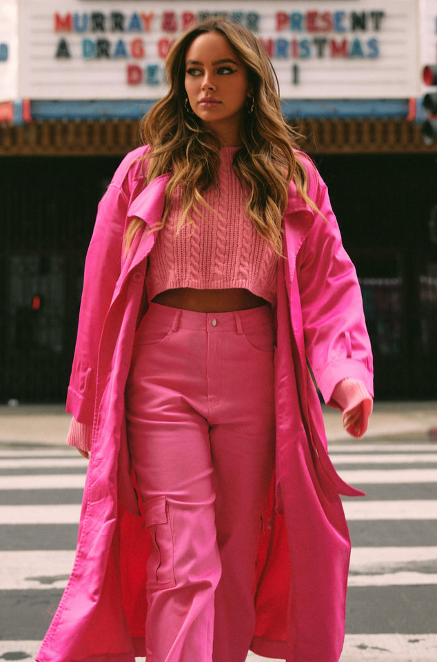 Load image into Gallery viewer, Cable Knit Sweater styled with All Pink Outfit
