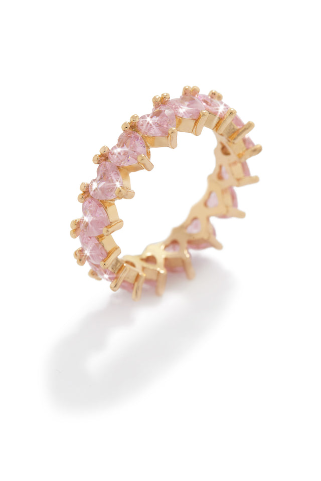 Load image into Gallery viewer, Gold-Tone Ring with Pink Color Heart Embellishments
