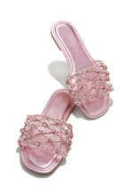 Load image into Gallery viewer, Gorgeous metallic pink slip on sandal with beautiful rhinestone embellishments. Perfect for all of your spring and summer outfits and vacations.
