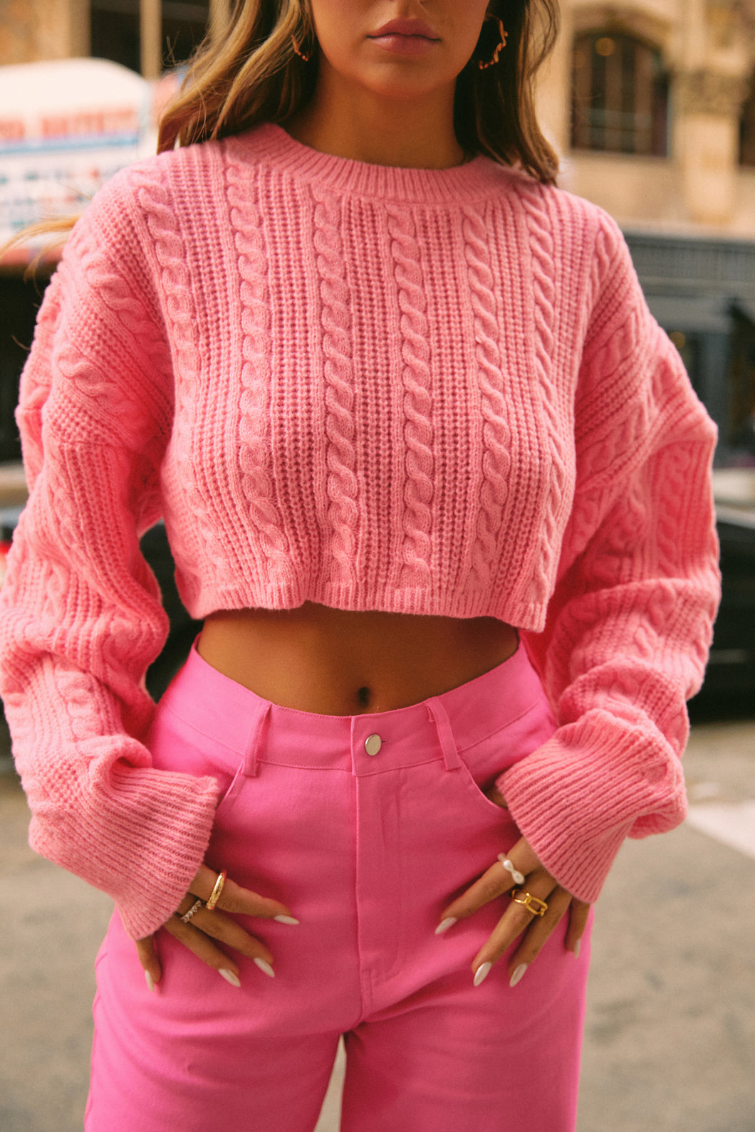Bright Pink Cable Knit Sweater
