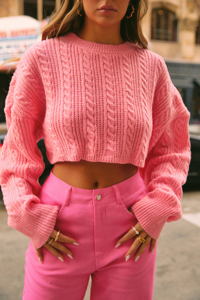 Load image into Gallery viewer, Bright Pink Cable Knit Sweater

