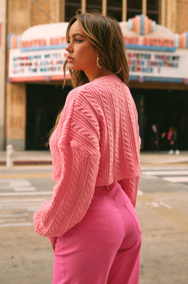 Load image into Gallery viewer, Cropped Pink Dropped Shoulder Sweater
