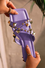 Load image into Gallery viewer, Model Holding Purple Studded Sandals 
