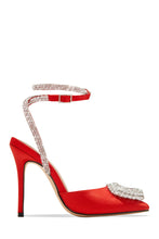 Load image into Gallery viewer, Red Satin Heel Pumps with Embellished Heart Pendant
