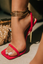 Load image into Gallery viewer, Women Wearing Red Heels with Gold-Tone Ankle Strap
