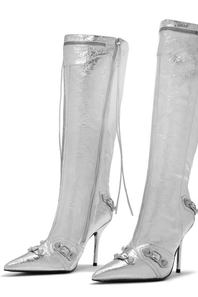 Load image into Gallery viewer, Silver-Tone Pointed Toe Knee High Boots

