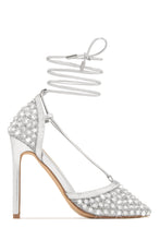 Load image into Gallery viewer, Audra Embellished Fishnet Lace Up Heels - Black
