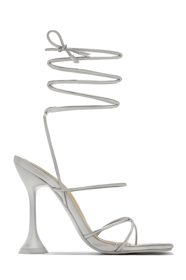 Load image into Gallery viewer, Silver-Tone Lace Up Heart Heel Cap Heels
