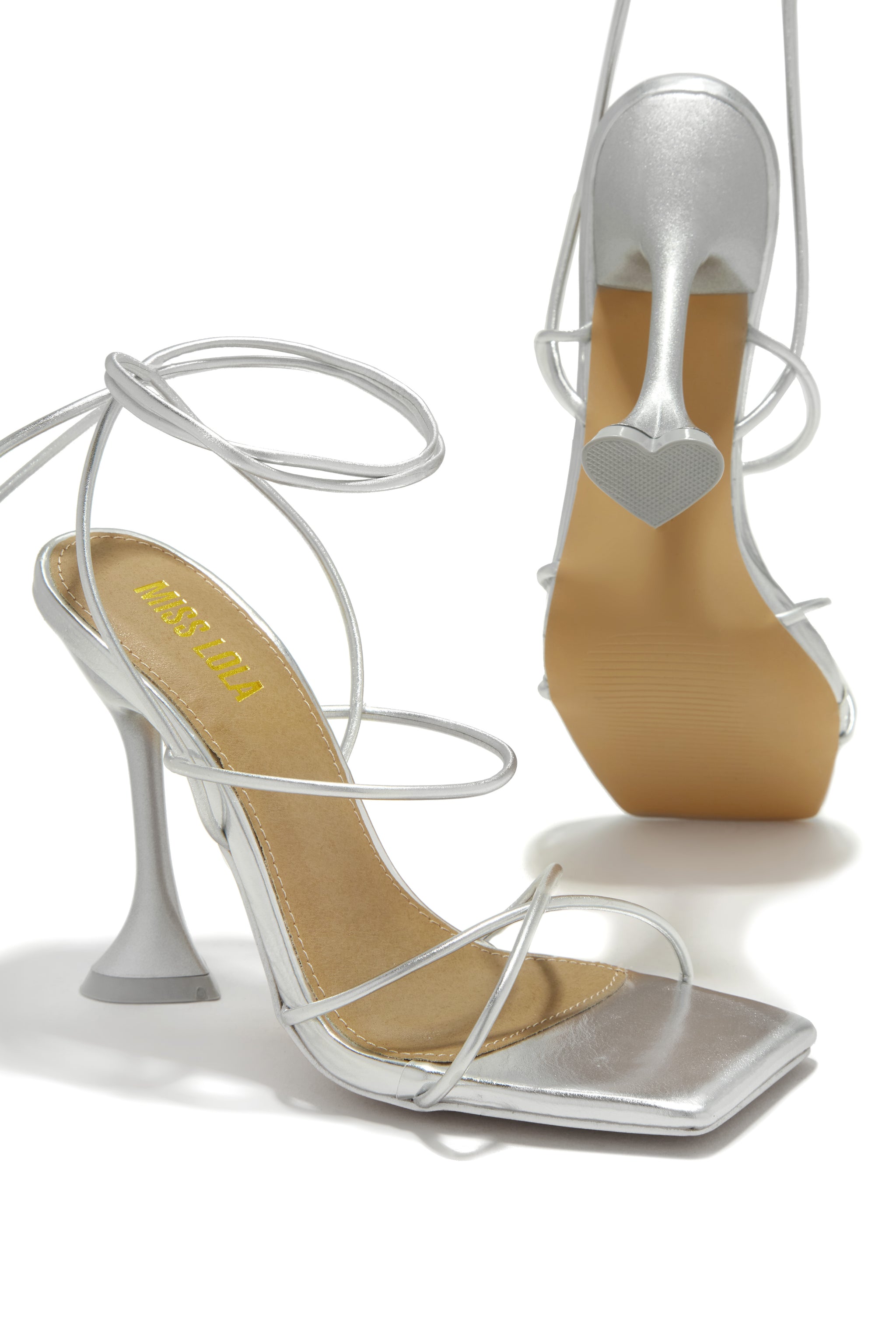 Buy Loving Heart Lace Up High Heels | Silver – MISS LOLA