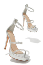 Load image into Gallery viewer, Silver-Tone Platform Heels with Embellished Straps

