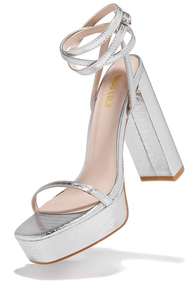 Load image into Gallery viewer, Silver-Tone Embossed Croc Platform Heel 
