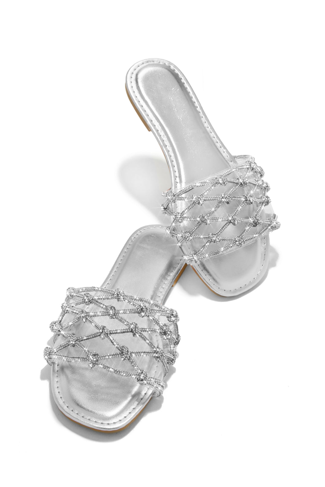 beautiful flat silver sandal with stunning woven rhinestone embellishment design 