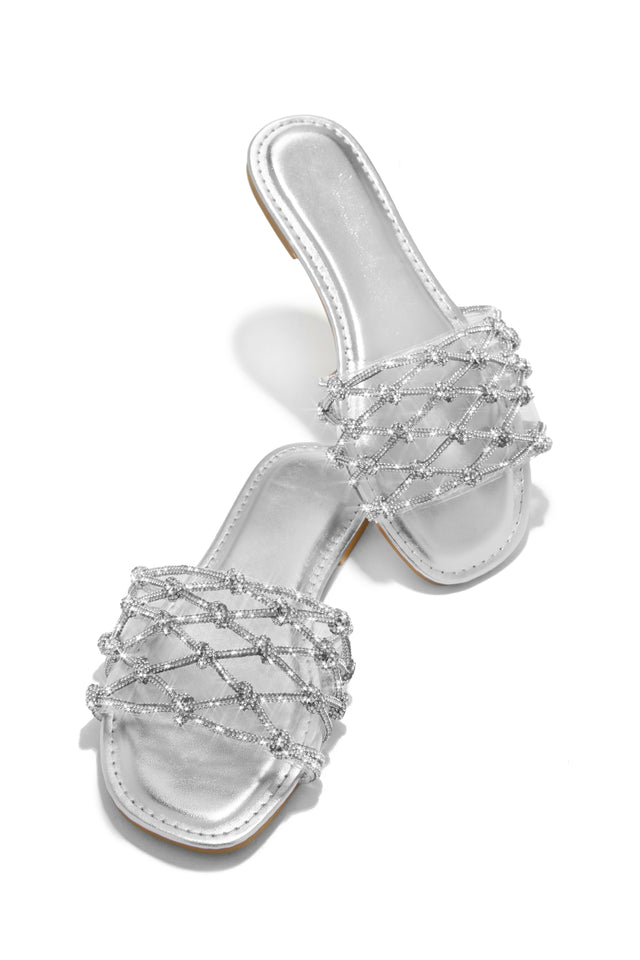 Load image into Gallery viewer, beautiful flat silver sandal with stunning woven rhinestone embellishment design 
