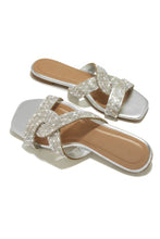 Load image into Gallery viewer, Silver-Tone Rhinestone Slide Sandals
