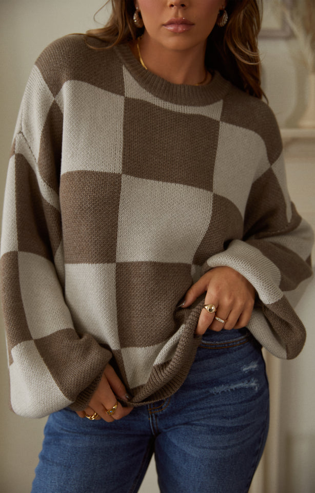 Load image into Gallery viewer, Brown and Nude Checkered Crewneck Sweater
