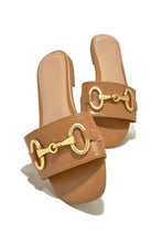 Load image into Gallery viewer, Tan Slip On Sandals with Gold-Tone Hardware
