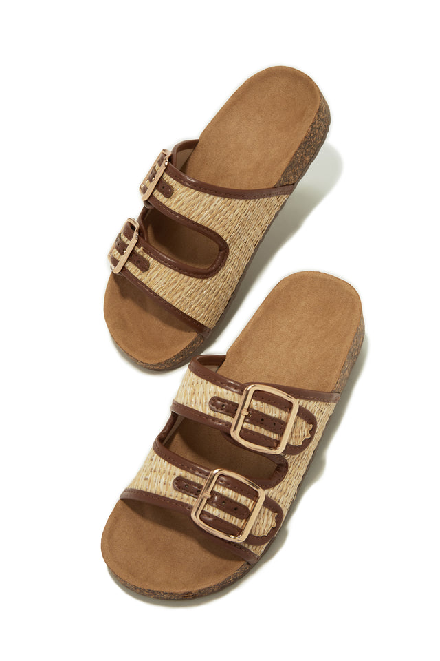 Load image into Gallery viewer, Tan Slip On Flat Sandals with Adjustable Buckle Closure Straps
