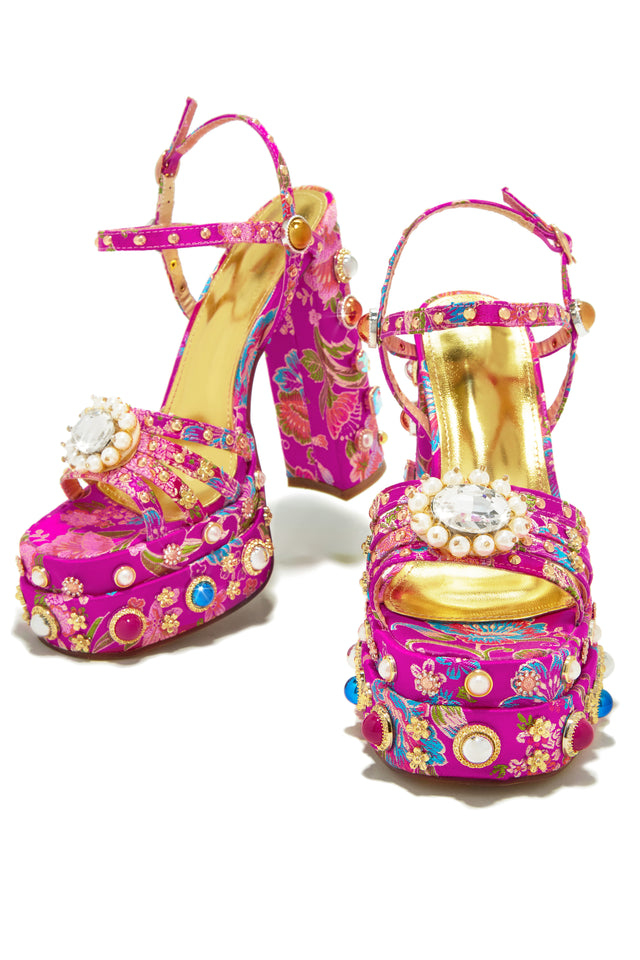Load image into Gallery viewer, Pink Print Platform Chunky High Heels with Embellished Detailing
