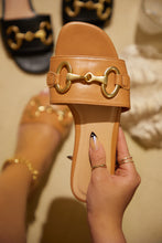 Load image into Gallery viewer, Women Holding Tan Slip On Sandals
