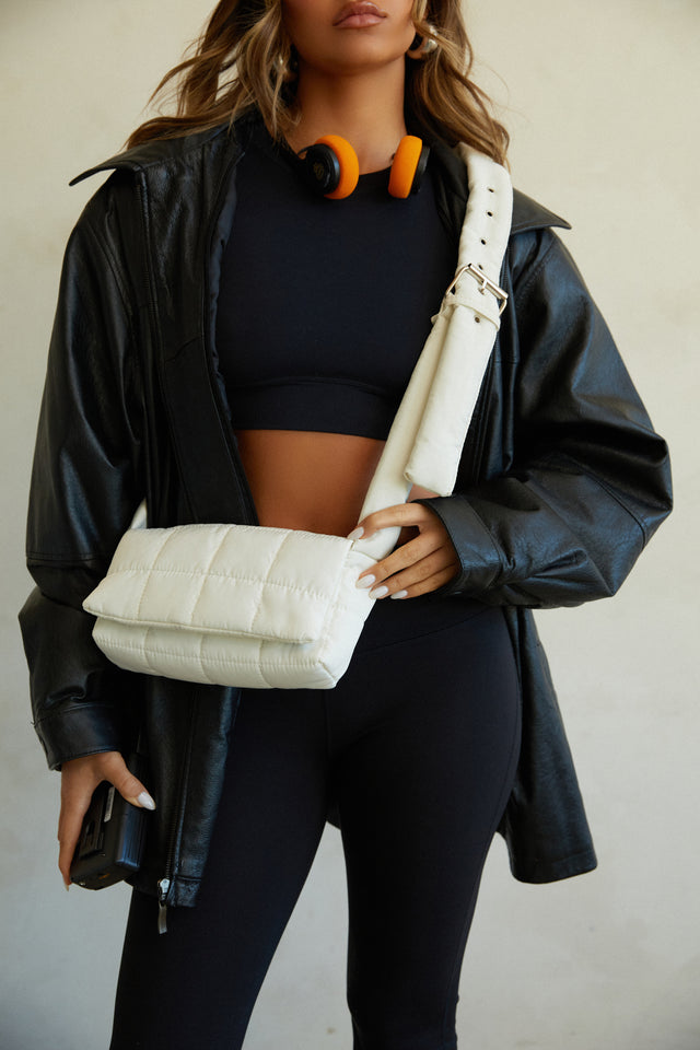Load image into Gallery viewer, Ivory Quilted Crossbody Bag Styled with All Black Out
